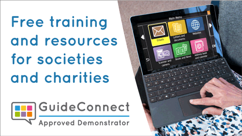 Banner: Free training & resources for charities & societies. Approved demonstrator logo and image of GuideConnect on a tablet.